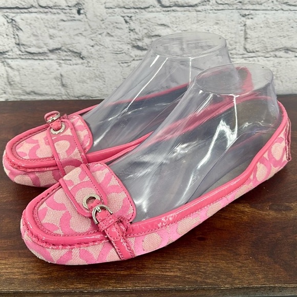 Coach Shoes - Coach Signature Canvas Pink Patent Leather Trim Buckle Loafers 8.5B GUC